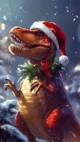 Festive T-Rex in snowfall wearing Santa hat and wreath.