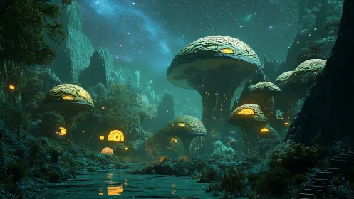 Mushroom-like elevated dwellings stand amid dense forest terrain