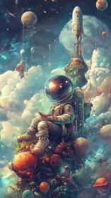 Dreamy astronaut reading on floating garden worlds in space.