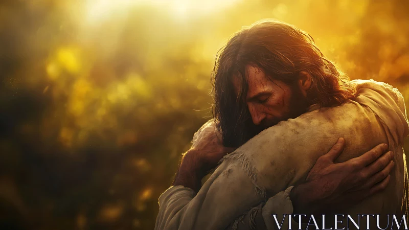 Emotional embrace in golden backlight with textured fabrics.