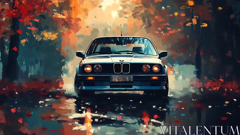 Classic coupe on wet autumn forest road at dusk.