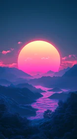 Neon sun over vaporwave river in luminous valley.
