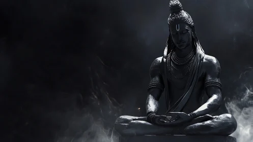 Dark meditative deity rendered in dramatic monochrome 3D.