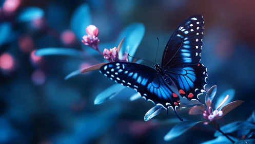 Macro study of blue butterfly on buds with shallow depth-of-field