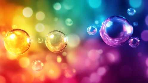 Chromatic soap bubbles drift across a luminous bokeh field