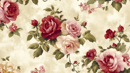 Vintage rose bouquet pattern on distressed cream background.