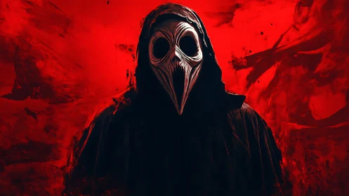 Hooded plague doctor mask silhouette isolated on saturated red field