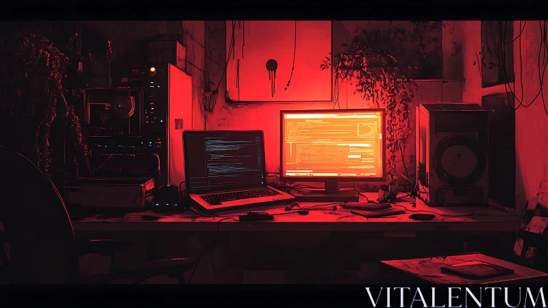 Red-lit hacker workstation glows inside dark cluttered lab.