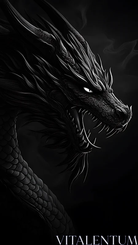 Monochrome dragon portrait renders razor-edged scales and horns