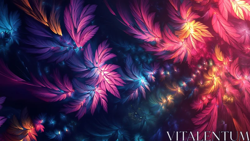 Fractal feather blooms in neon spectrum over cosmic void.