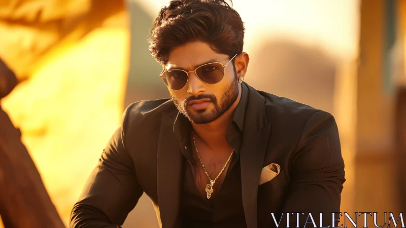 Man in black suit wearing sunglasses in warm sunset light