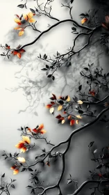 Curved branches cast soft shadows while colored leaves cluster