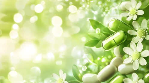 Herbal capsules and flowers on green background, nature-inspired style.