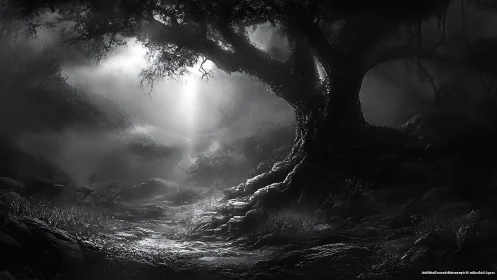 Soft moonlit path winds beneath an ancient shadowed tree