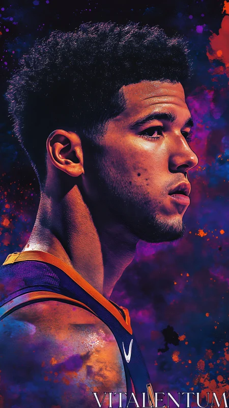 Basketball player portrait glows against neon splatter sky