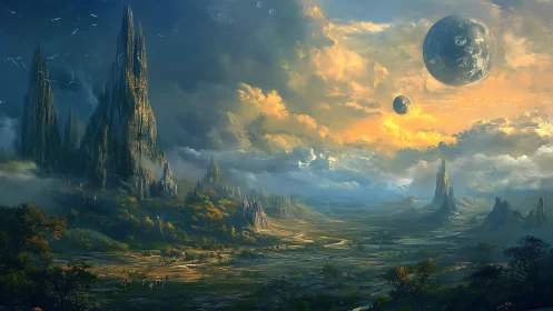 Alien valley under twin moons glows in ethereal sunset.