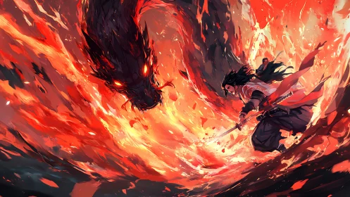Samurai confronts fiery dragon within swirling red vortex