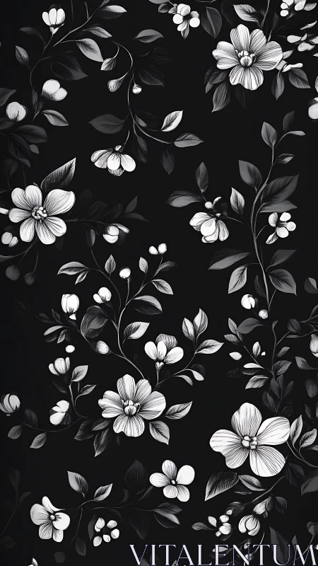 Black background with white botanical floral pattern throughout