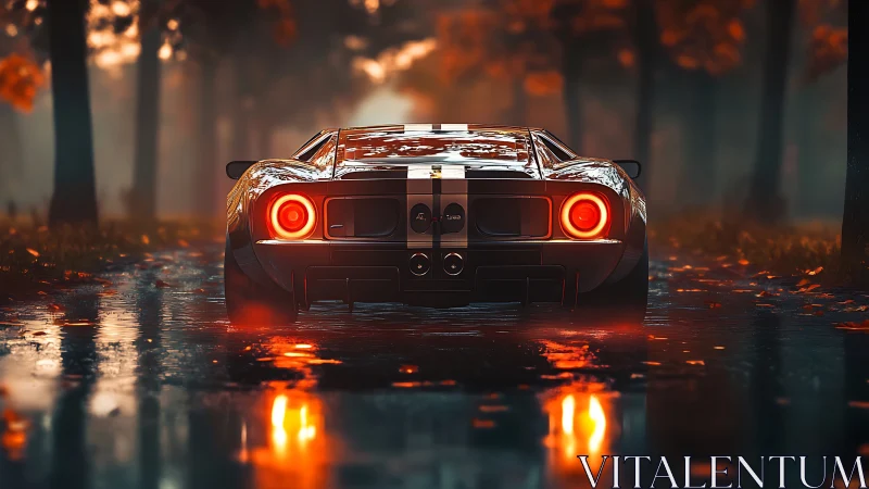 Classic sports car on wet autumn forest road at dusk.