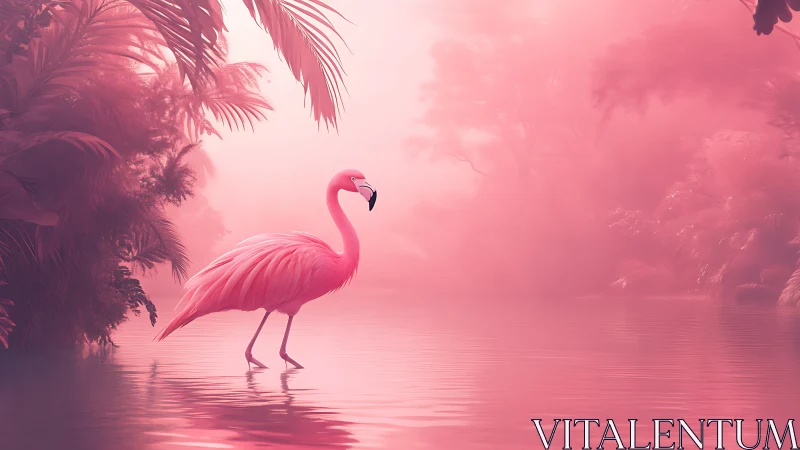 Graceful flamingo steps through a misty neon pink lagoon