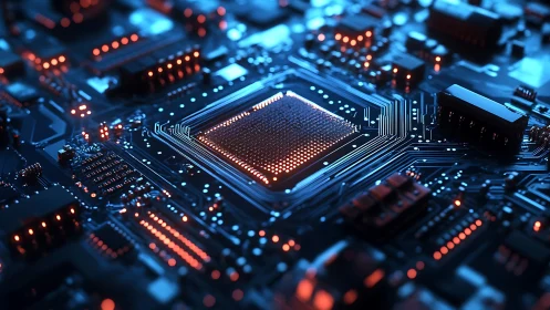 Illuminated central processor rendered on futuristic PCB surface