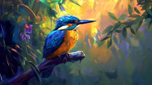 Vibrant Kingfisher Bird on Branch in Lush Forest, Digital Art Style.