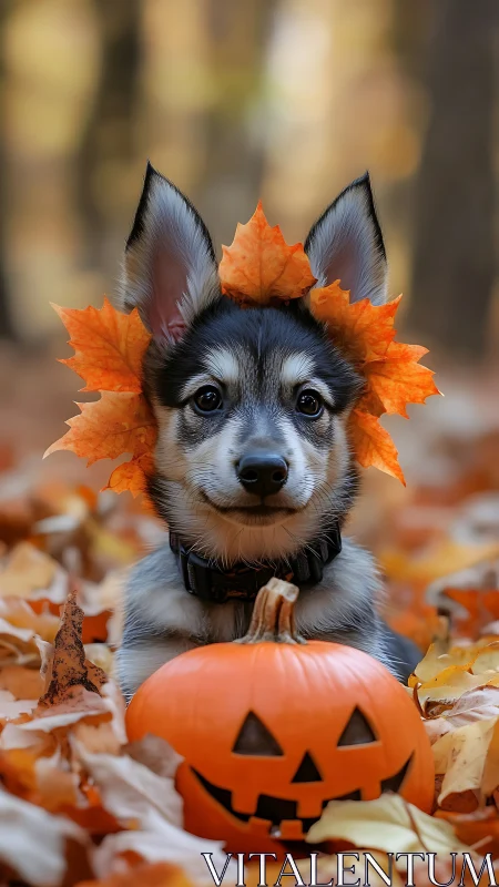 Puppy sits behind carved pumpkin in shallow-focus forest