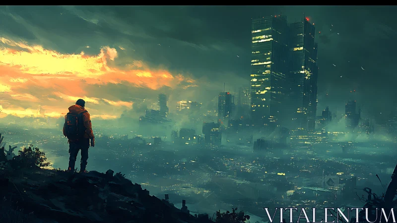 Solitary surveyor over bioluminescent posturban megacity grid.