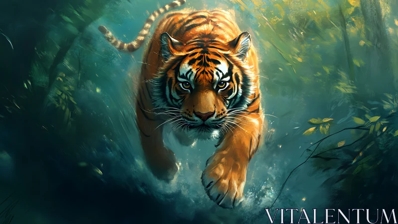 Tiger charges through misty jungle in teal light.