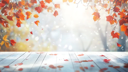 Crisp autumn leaves drift gently above a sunlit wooden stage