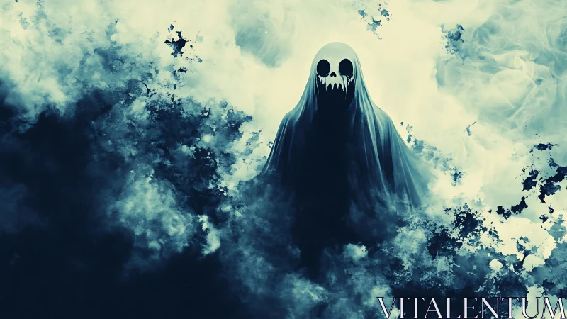 Shrouded ghostly figure looms from swirling blue mist.