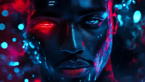 Cybernetic portrait with glowing red eye in neon light.