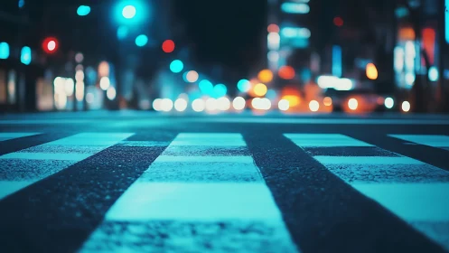 Nocturnal crosswalk with cyan bokeh and shallow focus perspective.