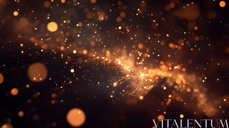 Abstract golden light particles on dark background, digital art style.