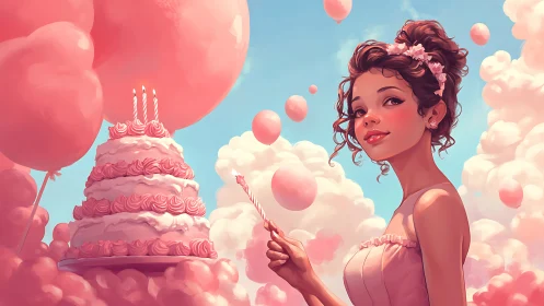 Ethereal Woman Celebrates with Giant Pink Cake.