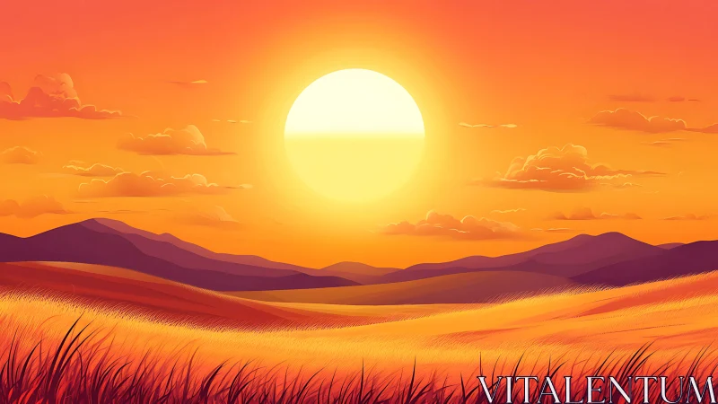 Digital landscape sunset with layered hills and wheatfield glow.