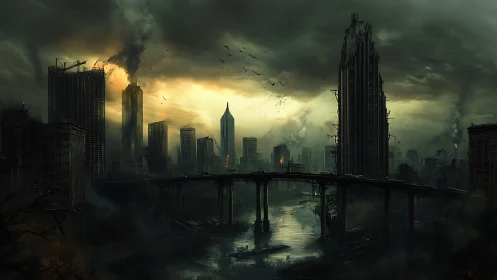 Smoldering bridge city under feral stormlight skyline ruin.