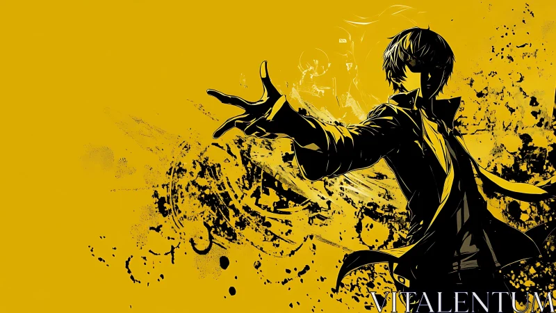 Vector-silhouetted hero amid splatter-field motion dynamics.