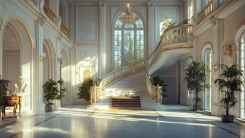 Sunlit neoclassical staircase interior shows ornate glazing and gold trim