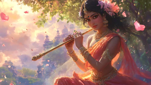 Flute-playing goddess glows in a sunlit, blossom-filled forest