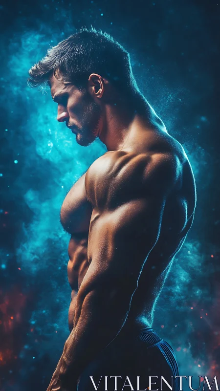 Muscular male profile against glowing blue cosmic haze.