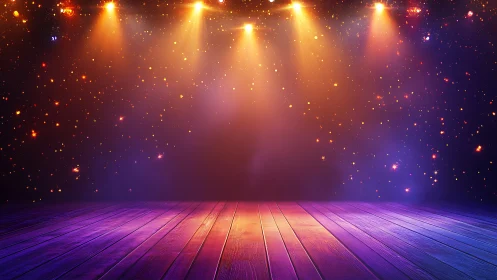 Wooden stage under golden spotlights with vibrant bokeh glow.
