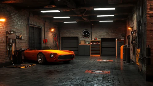 Orange sports car in moody industrial brick workshop.