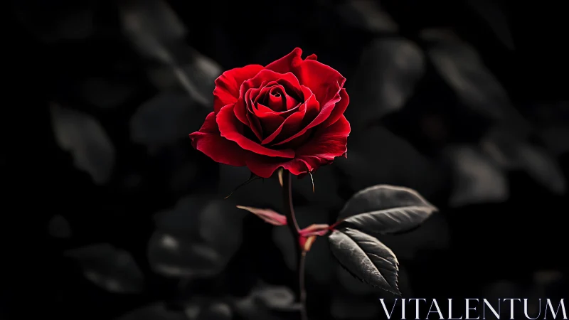 Crimson bloom commands attention against obsidian darkness