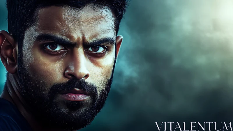 Close cropped male portrait shows intense frontal gaze