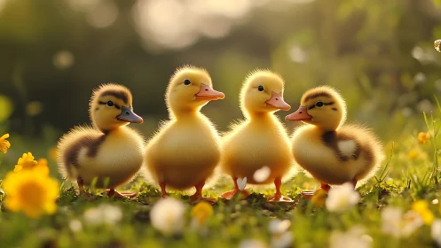 Four fluffy ducklings explore a sunlit spring meadow together