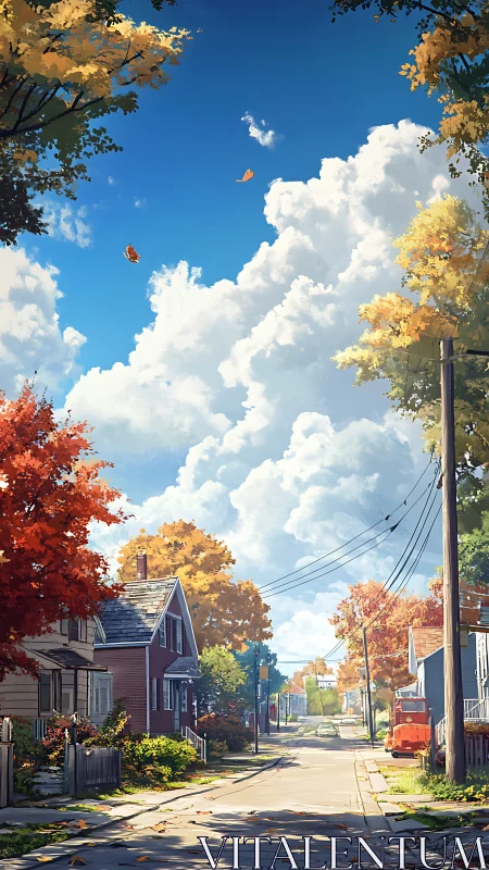 Cloud-drift suburb street under crisp storybook autumn sky.
