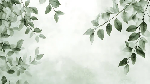Green leafy branches framing soft pale background.