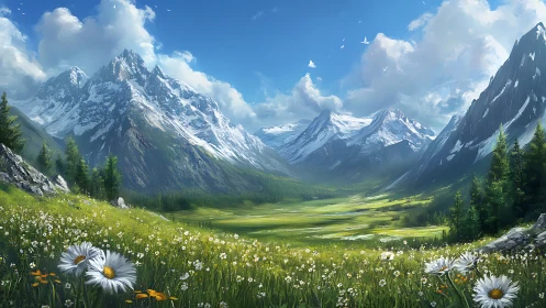 Snowy peaks welcome a sunlit wildflower valley in bloom