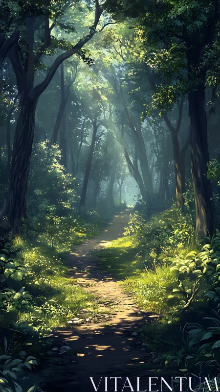 Luminous Forest Pathway with Towering Canopy and Golden Atmospheric Light